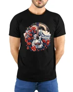 Floral Waves Guitar Art Tee for Music Lovers and Beach Vibes - model wearing black tee with hands behind back