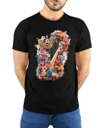 Floral Harp Magic Tee - Colorful Harp T-Shirt for Music Lovers - model wearing black tee with hands behind back