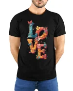 Colorful LOVE Butterfly Floral Art Tee for Women and Girls - model wearing black tee with hands behind back