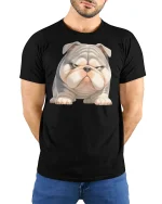 Grumpy Bulldog Pup Cartoon Tee for Dog Lovers Funny T-Shirt - model wearing black tee with hands behind back