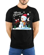 Merry Christmas Snowman and Birds Winter Holiday Graphic Tee - model wearing black tee with hands behind back