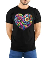 Colorful Floral Heart Art Vibrant Pattern Love Graphic Tee - model wearing black tee with hands behind back