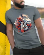 Floral Waves Guitar Art Tee for Music Lovers and Beach Vibes - model wearing grey tee, leaning on column