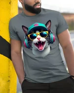 Cool DJ Cat Headphones Tee for Music Lovers and Cat Fans - model wearing grey tee, leaning on column