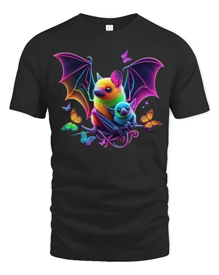 Neon Bat T-Shirt - Colorful Butterfly Fantasy Art Tee - black t-shirt on white background