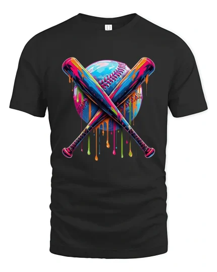 Dripping Baseball T-Shirt - Cool Color Splash Sports Tee - black t-shirt on white background