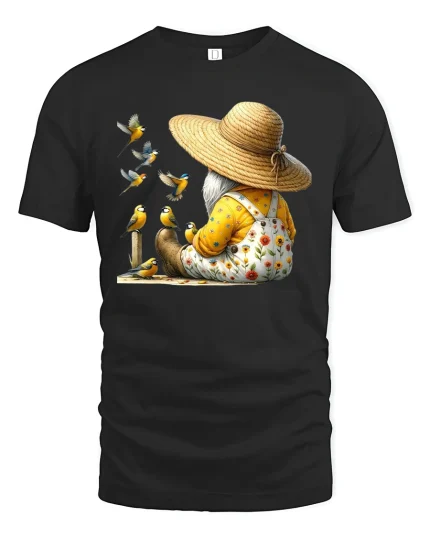 Garden Gnome With Birds T-Shirt - Cute Nature Lover Tee - black t-shirt on white background