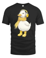 Cozy Duck T-Shirt - Cute Duck With Scarf and Headphones Tee - black t-shirt on white background