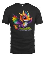 Rainbow Baby Dragon T-Shirt - Cute Fantasy Creature Tee - black t-shirt on white background