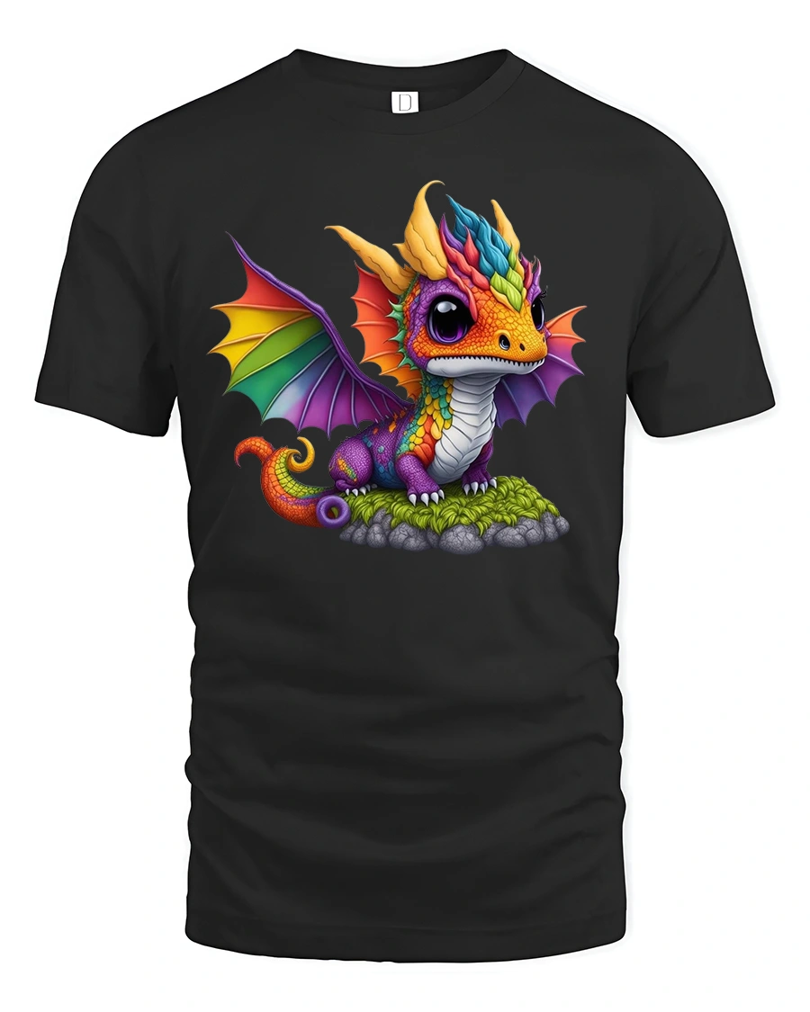 Rainbow Baby Dragon T-Shirt - Cute Fantasy Creature Tee - 1 Rainbow Baby Dragon T-Shirt - Cute Fantasy Creature Tee - black t-shirt on white background