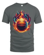 Flaming Basketball T-Shirt - Hot Fire Hoop Sports Tee - gray t-shirt on white background