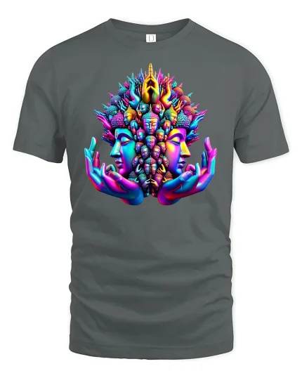 Psychedelic Fusion Faces T-Shirt - Trippy Art Design Tee - gray t-shirt on white background
