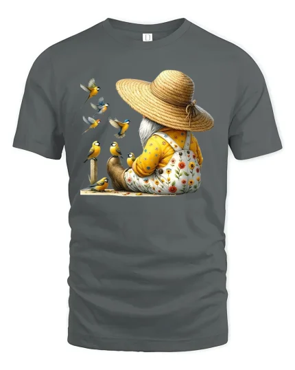 Garden Gnome With Birds T-Shirt - Cute Nature Lover Tee - gray t-shirt on white background