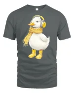 Cozy Duck T-Shirt - Cute Duck With Scarf and Headphones Tee - gray t-shirt on white background