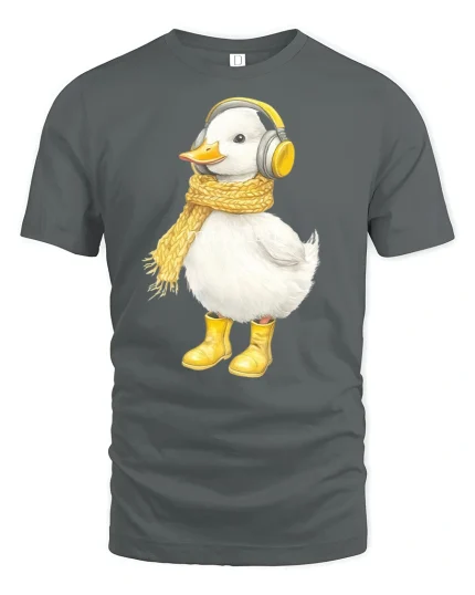 Cozy Duck T-Shirt - Cute Duck With Scarf and Headphones Tee - gray t-shirt on white background