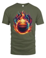 Flaming Basketball T-Shirt - Hot Fire Hoop Sports Tee - military green t-shirt on white background