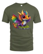 Rainbow Baby Dragon T-Shirt - Cute Fantasy Creature Tee - military green t-shirt on white background