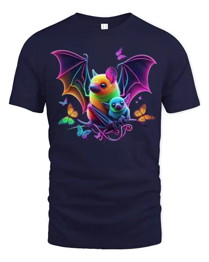 Neon Bat T-Shirt - Colorful Butterfly Fantasy Art Tee - navy t-shirt on white background
