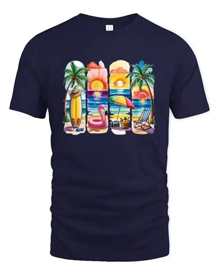 Summer Paradise T-Shirt - Tropical Beach Sunset Tee - navy t-shirt on white background