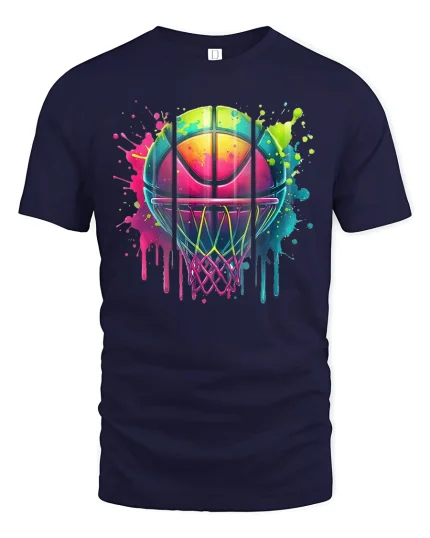 Color Splash Basketball T-Shirt - Neon Hoop Art Tee - navy t-shirt on white background