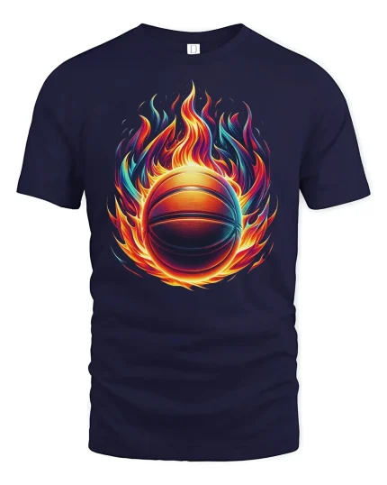 Flaming Basketball T-Shirt - Hot Fire Hoop Sports Tee - navy t-shirt on white background