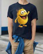 Funny Yellow Monster T-Shirt - Cute Cartoon Creature Tee - model wearing navy tee with hands in pockets