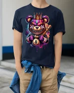 Gangster Bear T-Shirt - Money King Crowned Street Tee - model wearing navy tee with hands in pockets