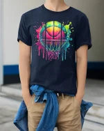 Color Splash Basketball T-Shirt - Neon Hoop Art Tee - model wearing navy tee with hands in pockets