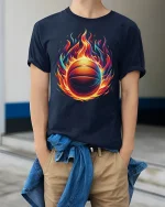 Flaming Basketball T-Shirt - Hot Fire Hoop Sports Tee - model wearing navy tee with hands in pockets