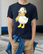Cozy Duck T-Shirt - Cute Duck With Scarf and Headphones Tee - model wearing navy tee with hands in pockets