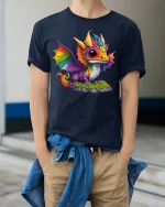Rainbow Baby Dragon T-Shirt - Cute Fantasy Creature Tee - model wearing navy tee with hands in pockets