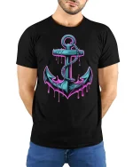 Neon Anchor T-Shirt - Cool Dripping Nautical Graphic Tee - model wearing black tee with hands behind back