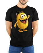 Funny Yellow Monster T-Shirt - Cute Cartoon Creature Tee - model wearing black tee with hands behind back