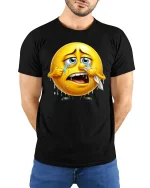 Crying Emoji T-Shirt - Funny Sad Face Expression Tee - model wearing black tee with hands behind back
