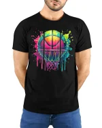 Color Splash Basketball T-Shirt - Neon Hoop Art Tee - model wearing black tee with hands behind back