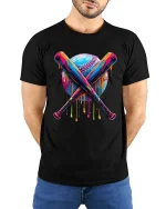 Dripping Baseball T-Shirt - Cool Color Splash Sports Tee - model wearing black tee with hands behind back