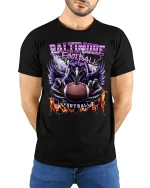 Baltimore Football T-Shirt - Fierce Raven Game Tee - black t-shirt in nature background wearing by model
