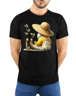 Garden Gnome With Birds T-Shirt - Cute Nature Lover Tee - model wearing black tee with hands behind back