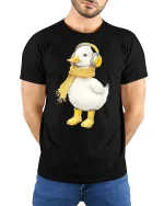 Cozy Duck T-Shirt - Cute Duck With Scarf and Headphones Tee - model wearing black tee with hands behind back