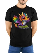 Rainbow Baby Dragon T-Shirt - Cute Fantasy Creature Tee - model wearing black tee with hands behind back