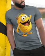 Funny Yellow Monster T-Shirt - Cute Cartoon Creature Tee - model wearing grey tee, leaning on column