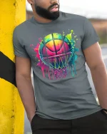 Color Splash Basketball T-Shirt - Neon Hoop Art Tee - model wearing grey tee, leaning on column