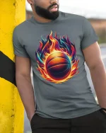 Flaming Basketball T-Shirt - Hot Fire Hoop Sports Tee - model wearing grey tee, leaning on column