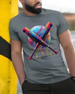 Dripping Baseball T-Shirt - Cool Color Splash Sports Tee - model wearing grey tee, leaning on column