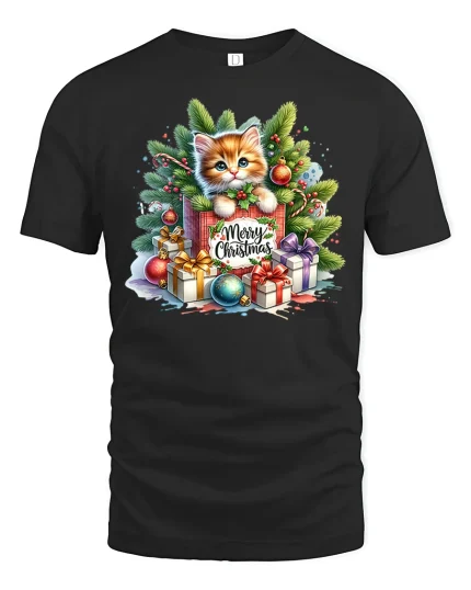 Cute Christmas Kitten Tee in Gift Box Merry Holiday Graphic Tshirt - black t-shirt on white background