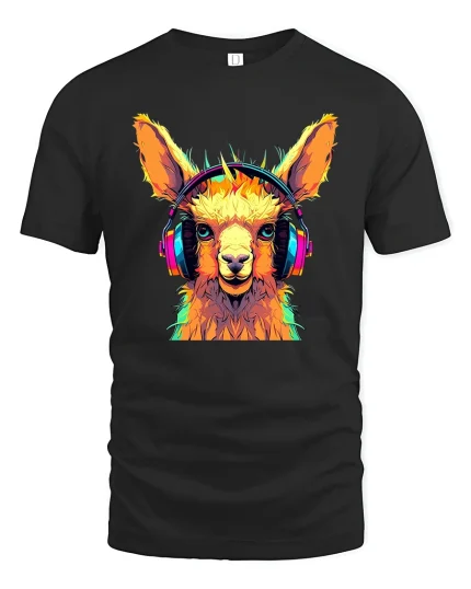 Colorful Llama Headphones Tee Cool Music Lover Graphic Tshirt - black t-shirt on white background