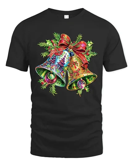 Colorful Christmas Bells Tee Bright Holiday Bow Graphic Tshirt - black t-shirt on white background