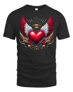Winged Heart Angel Halo Tee Bold Artistic Love Graphic Tshirt - black t-shirt on white background