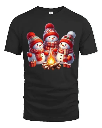 Cute Snowman Campfire Tee Cozy Christmas Winter Scene Tshirt - black t-shirt on white background