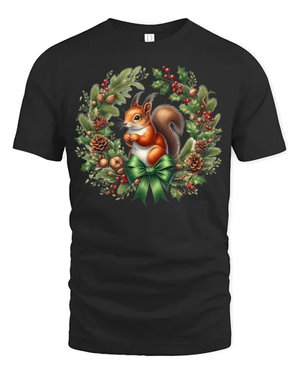 Cute Christmas Squirrel Tee in Wreath Green Holiday Graphic Tshirt - black t-shirt on white background